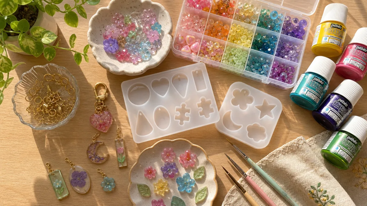 a flat lay of colorful craft supplies including translucent beads, resin molds,…