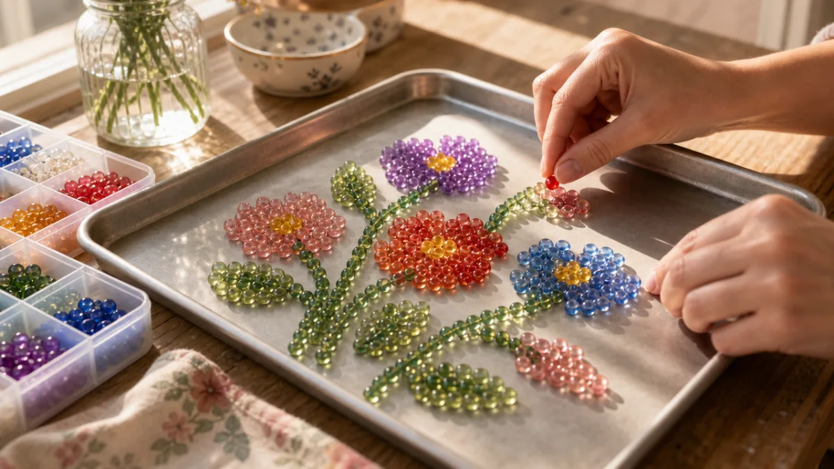 hands carefully arranging colorful transparent beads into a floral pattern on a…