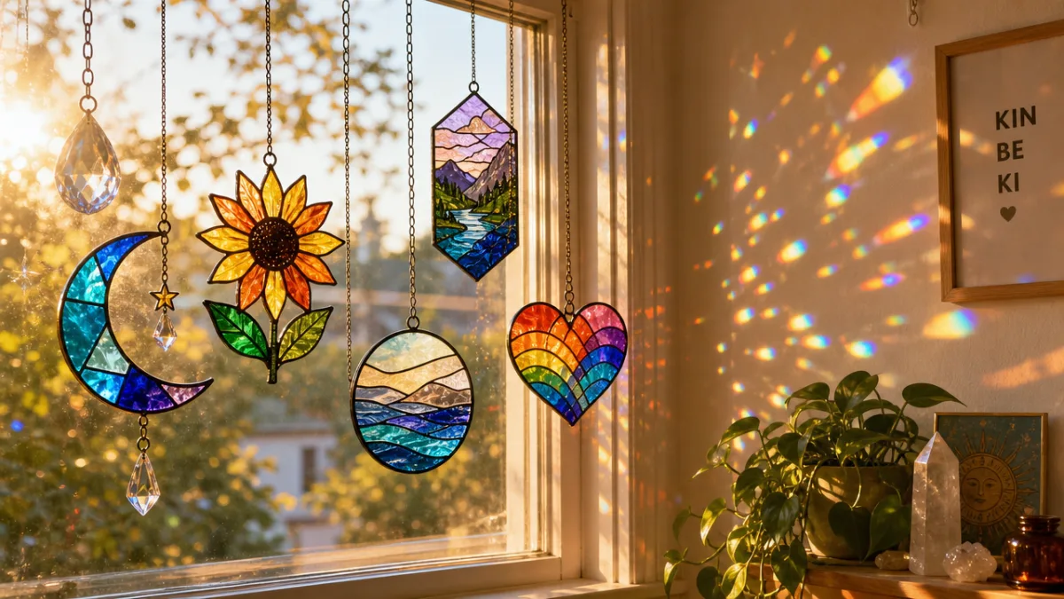 finished colorful suncatchers hanging in a sunlit window casting rainbow light onto…