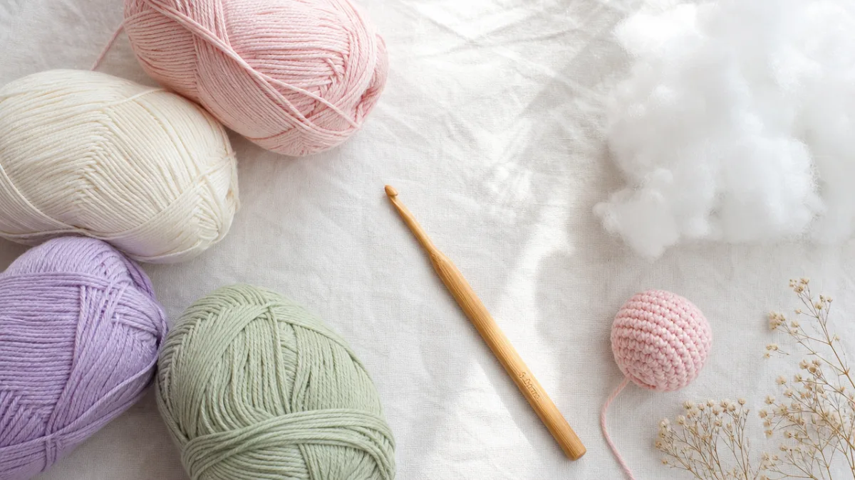 a flat lay of pastel crochet yarn, a wooden crochet hook, and…
