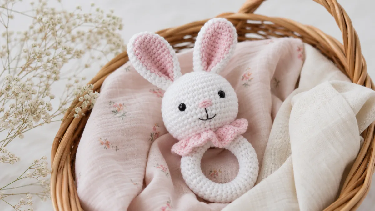 a finished white crocheted bunny rattle with pink ears resting in a…