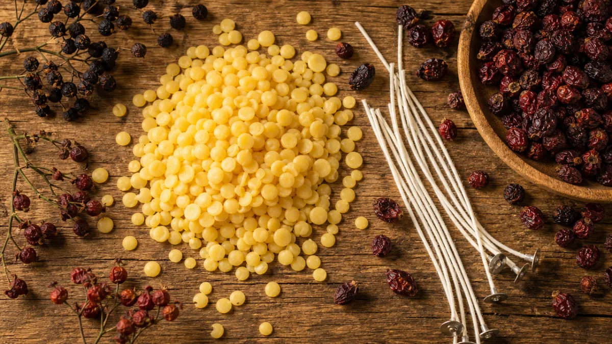 a flat lay of raw beeswax pellets, dried berries, and candle wicks…