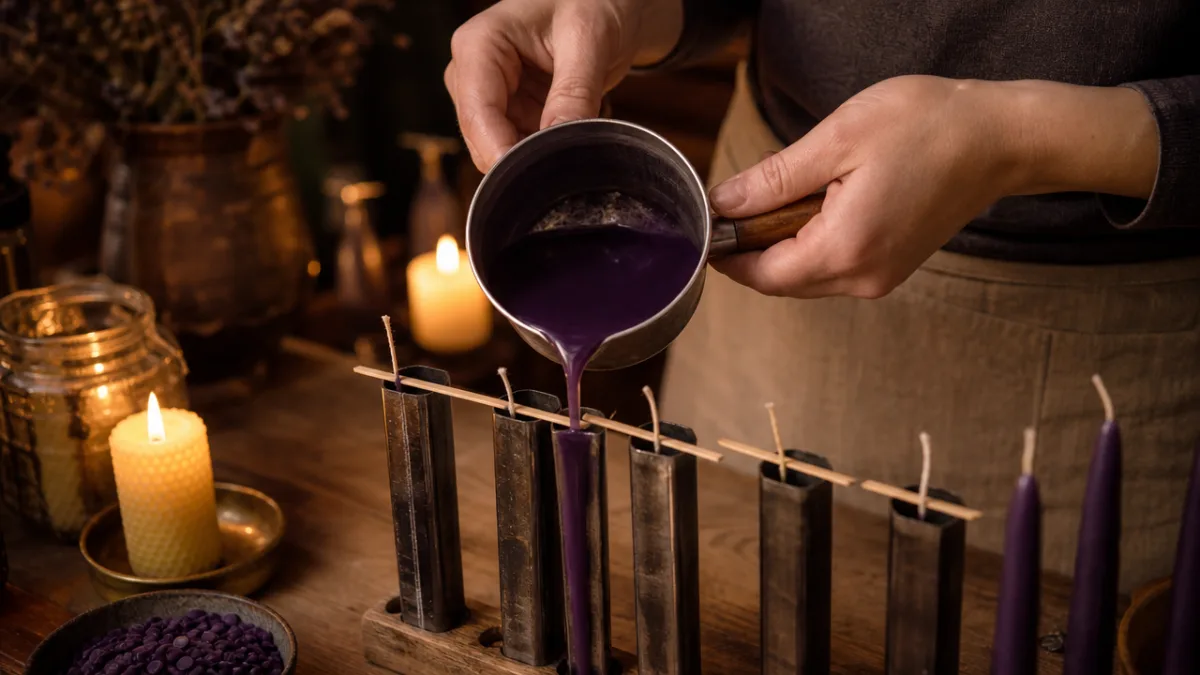 hands carefully pouring deep purple beeswax into slim taper candle molds on…