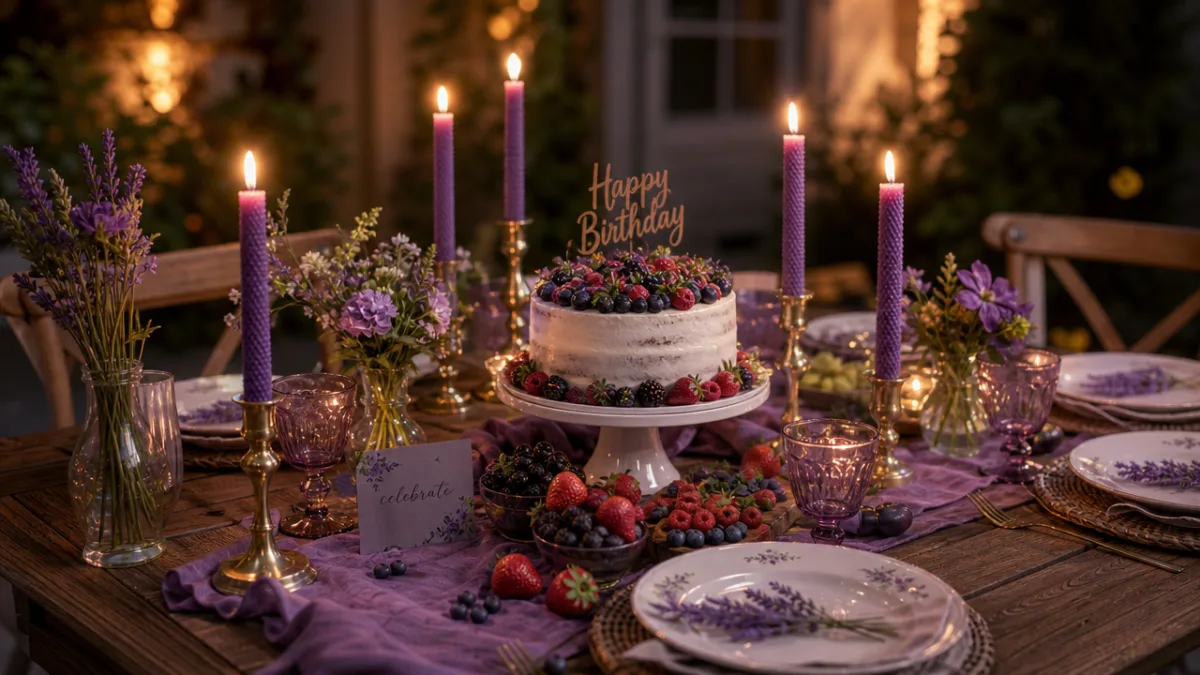 a beautifully set birthday table with purple beeswax taper candles glowing among…