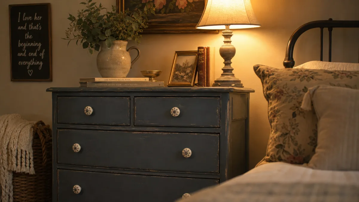 a warmly lit bedroom corner with a chalk-painted vintage dresser, ceramic knobs,…