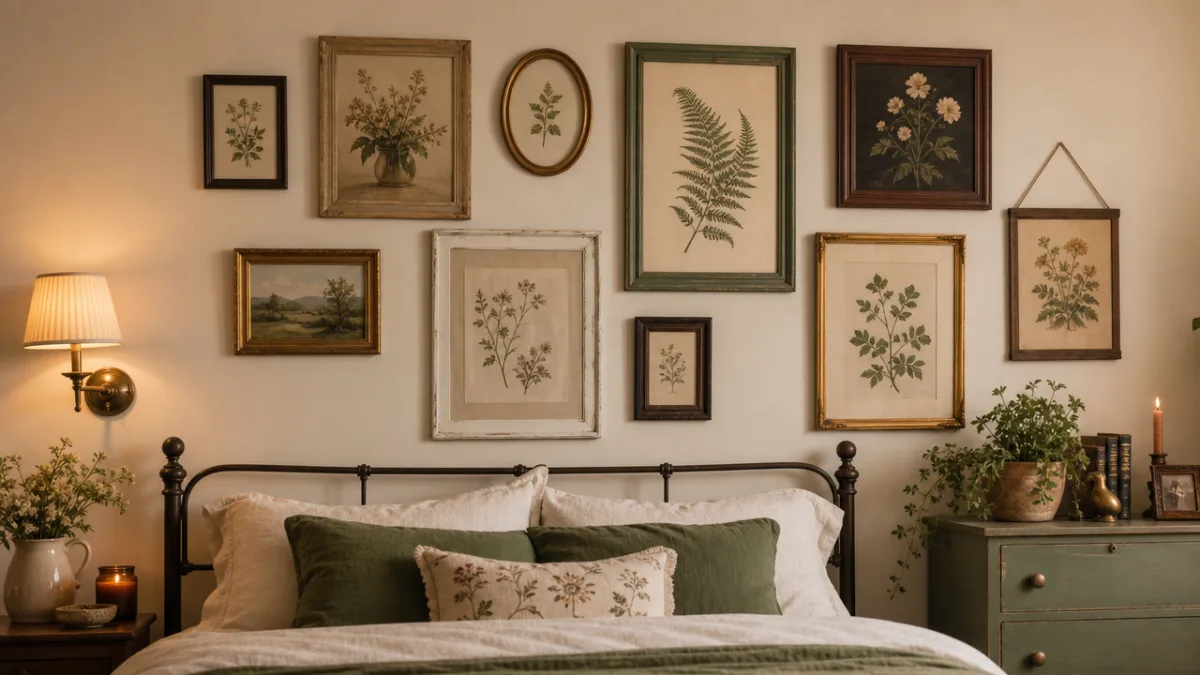 a cozy bedroom wall displaying a gallery of mismatched painted frames and…