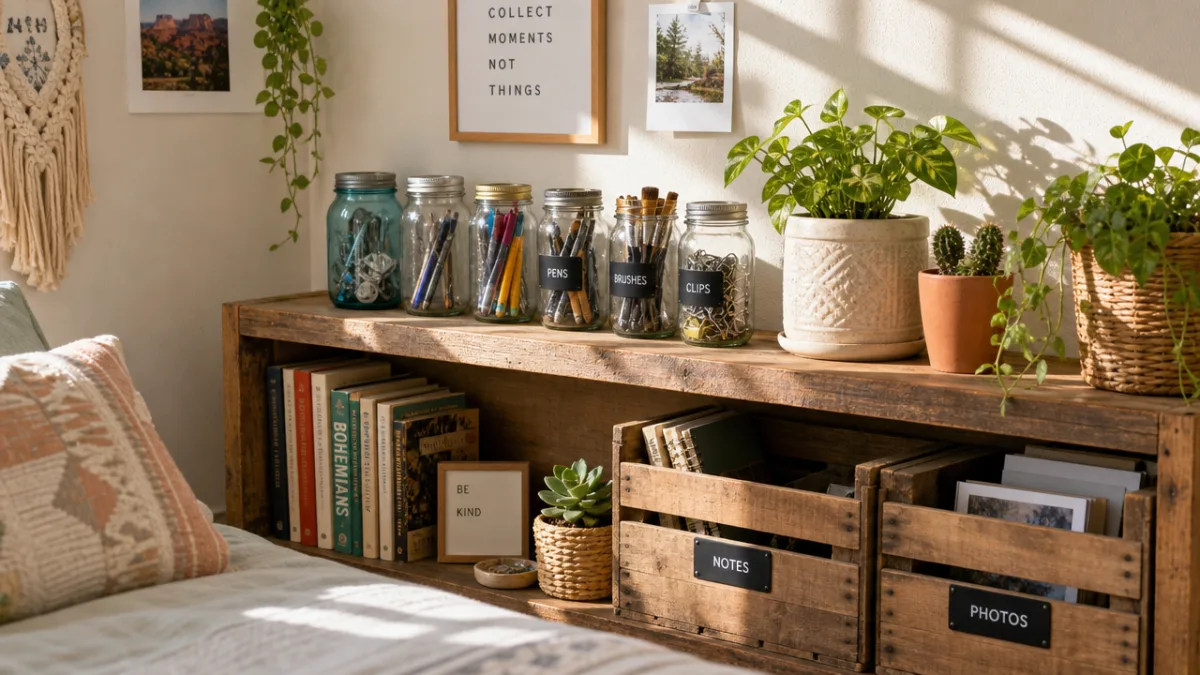 a sunlit bedroom shelf with upcycled glass jar organizers, small potted plants,…