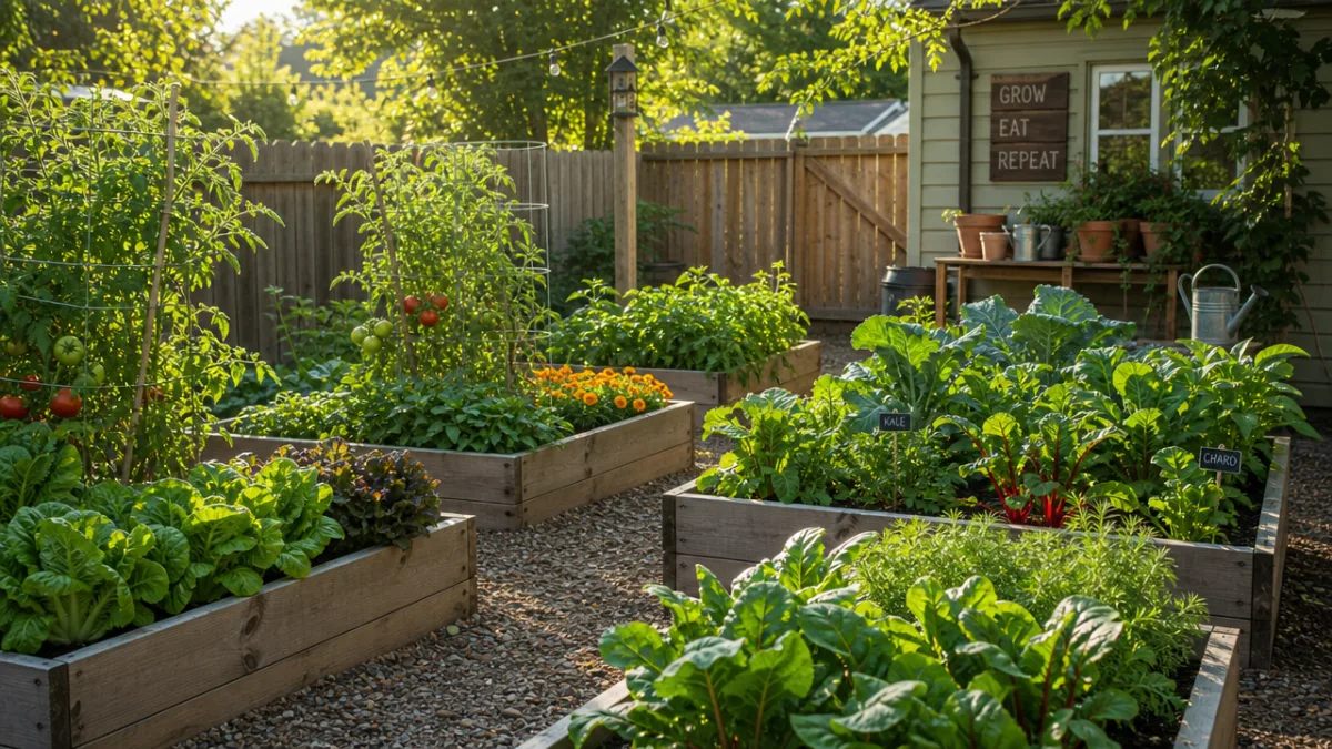a sunlit backyard garden with wooden raised beds full of lush green…