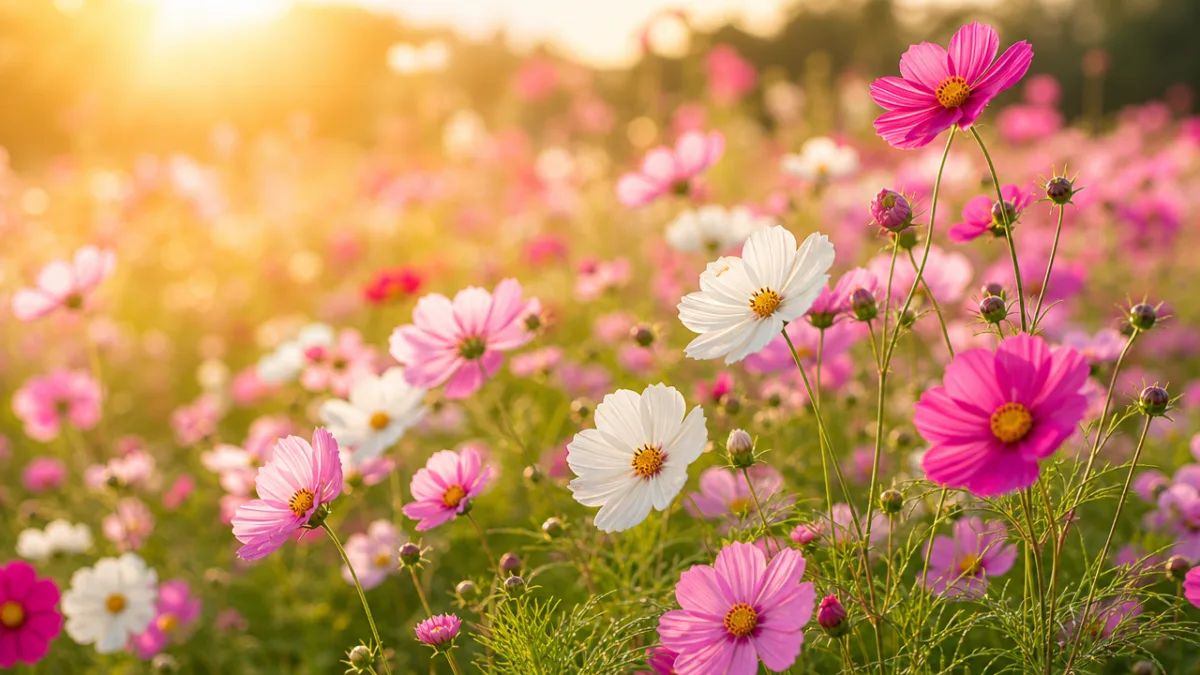 a vibrant field of pink and white cosmos flowers in golden afternoon…