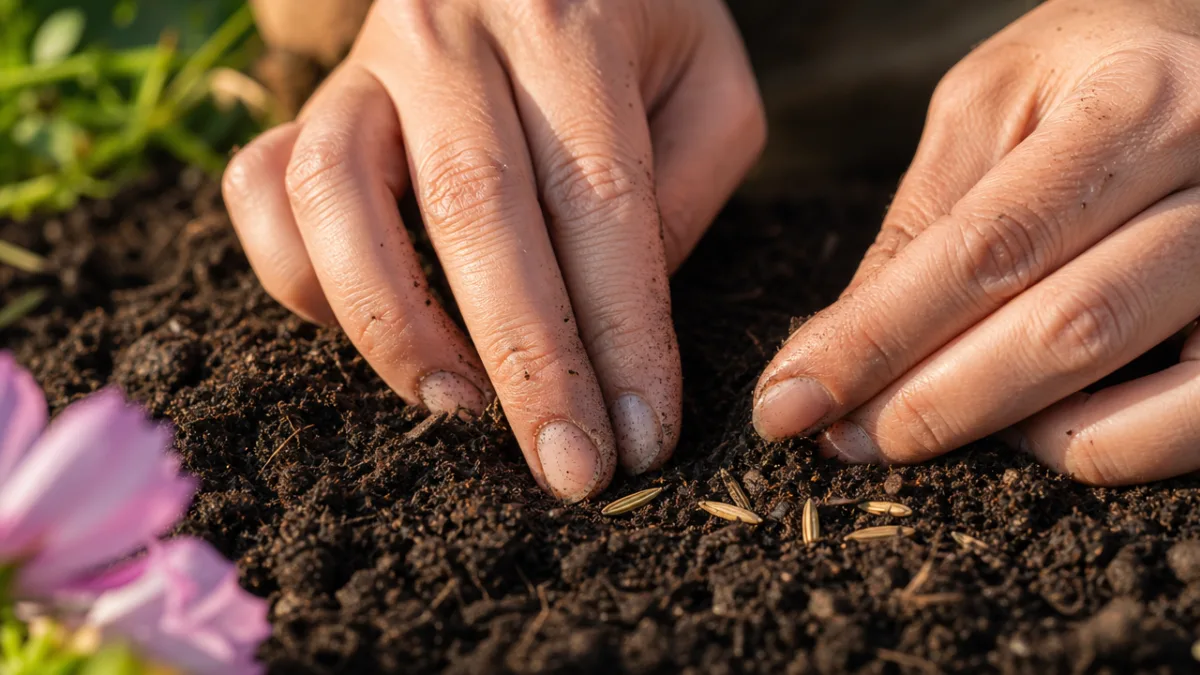 close-up of hands gently pressing cosmos seeds into rich dark garden soil…