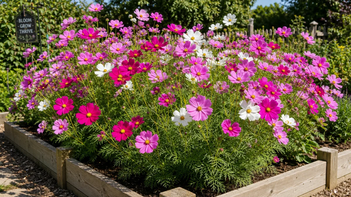 a thriving cosmos garden bed in full bloom surrounded by a wooden…