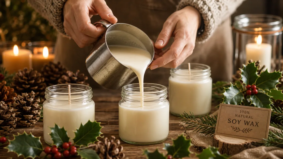 hands pouring creamy white soy wax into glass jars surrounded by pine…