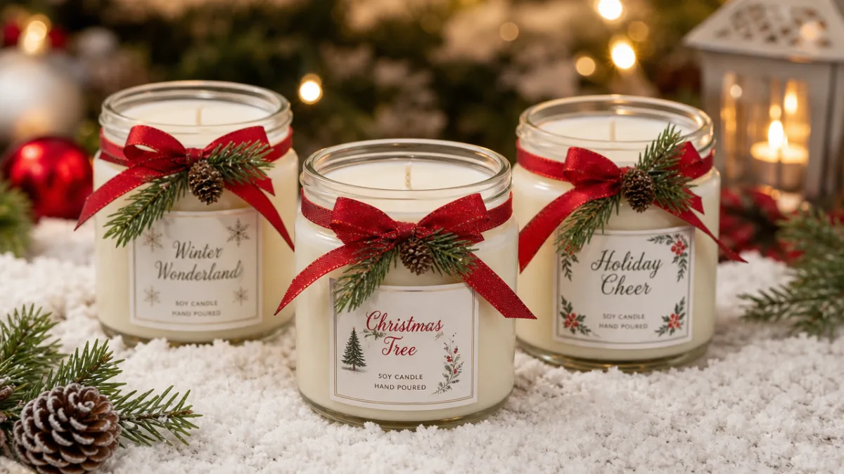 finished Christmas soy candles in glass jars with red ribbon and pine…