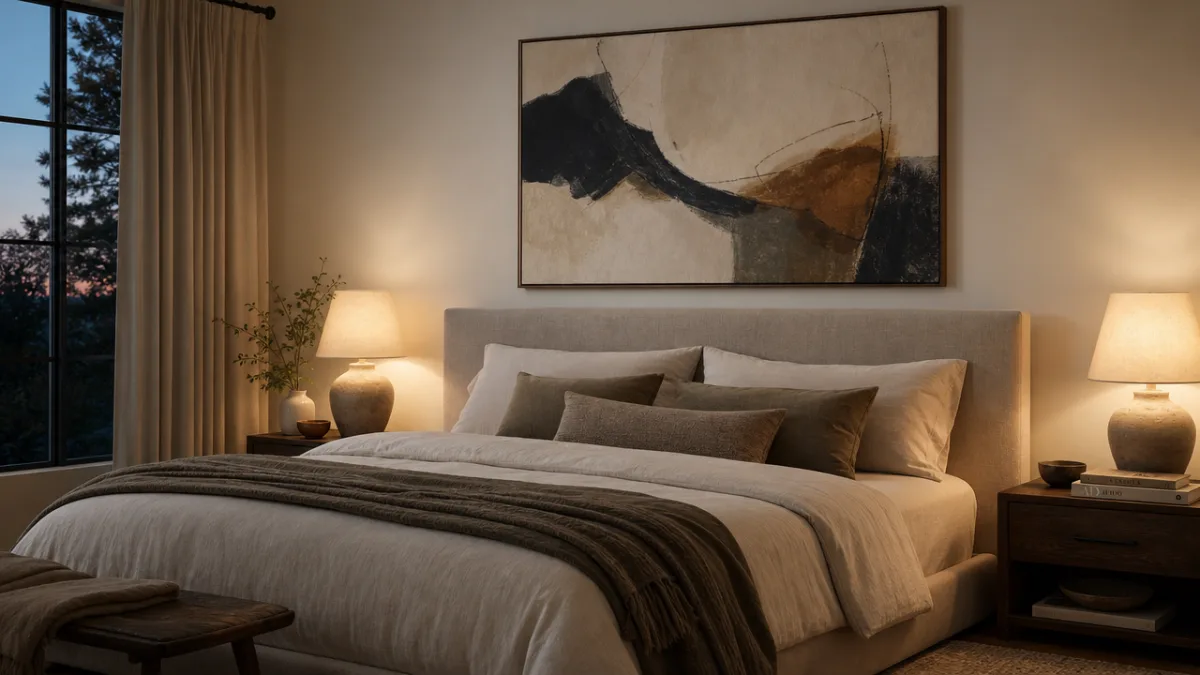 a serene modern bedroom with a large abstract canvas above a linen…