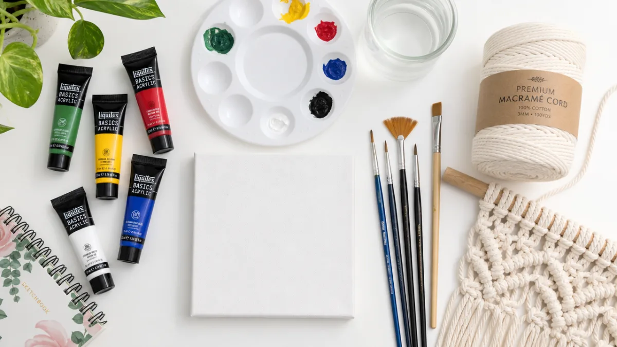 a flat-lay of art supplies including acrylic paints, brushes, canvas, and macramé…
