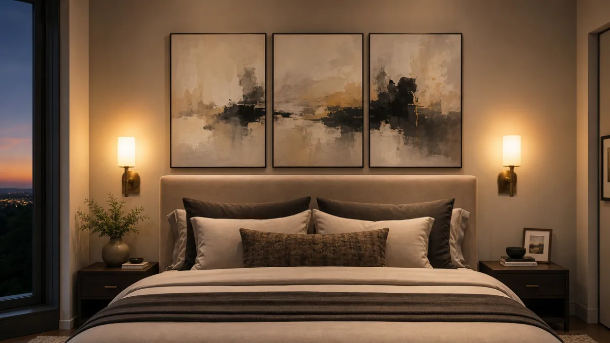 a finished bedroom with beautifully hung abstract triptych above a bed, warm…