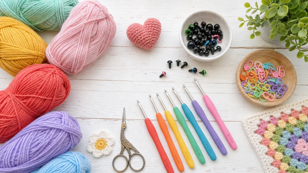 a flat lay of colorful crochet supplies including yarn skeins, hooks, and…