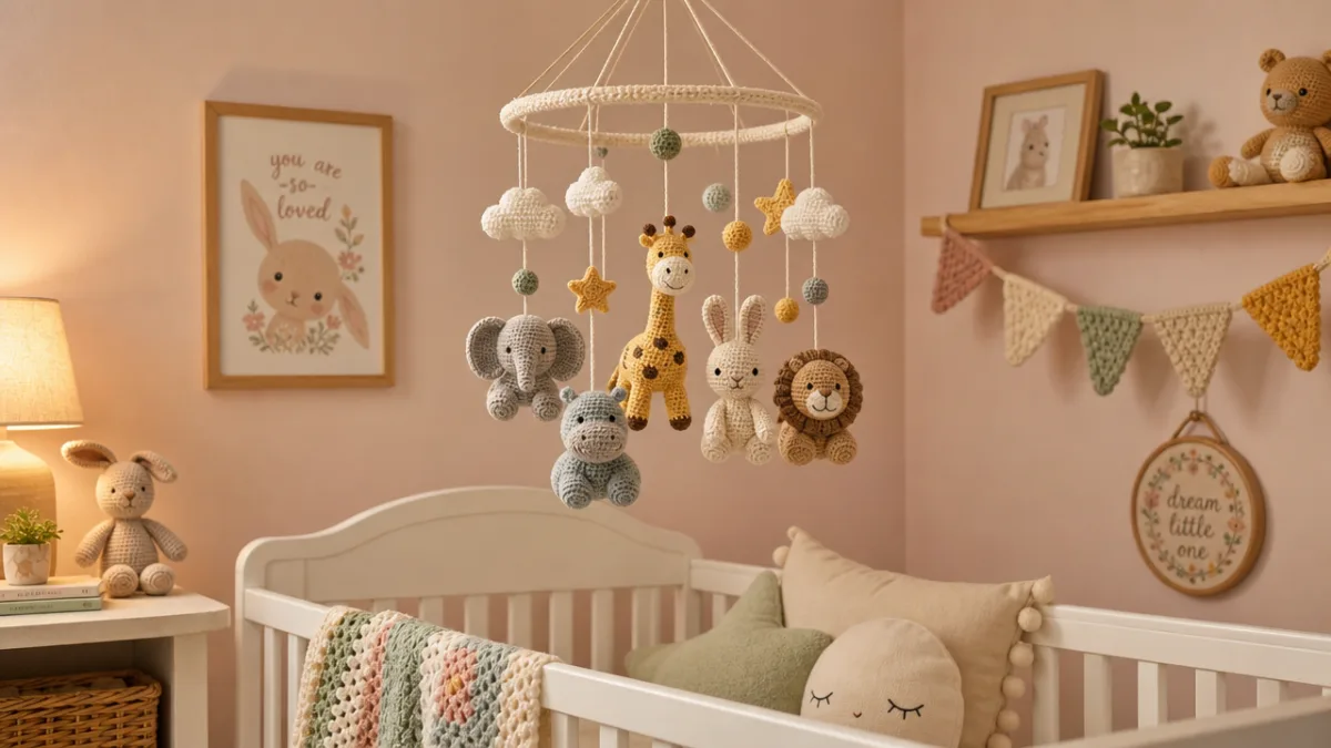 a cozy nursery with soft pastel walls featuring handmade crocheted animal mobiles…