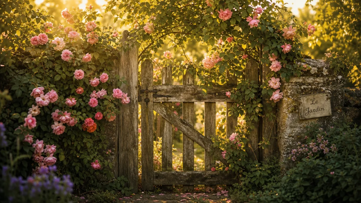 a weathered wooden garden gate covered in climbing roses, golden afternoon sunlight…