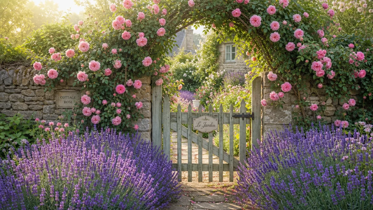 a lush cottage garden gate flanked by lavender and climbing roses, soft…