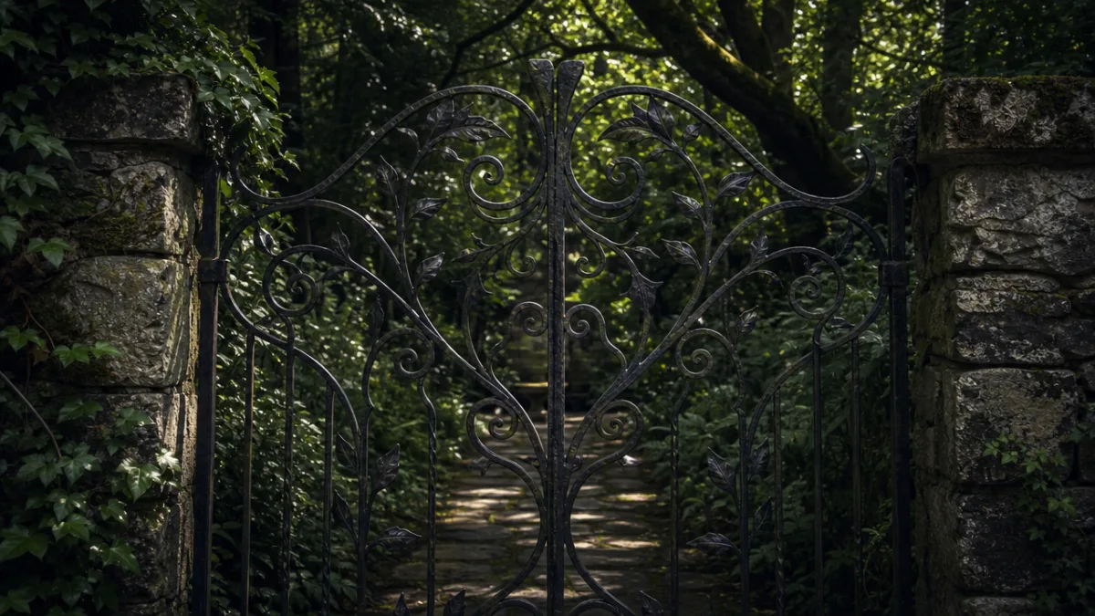 a hand-forged iron garden gate with botanical scrollwork, dappled shade from overhead…
