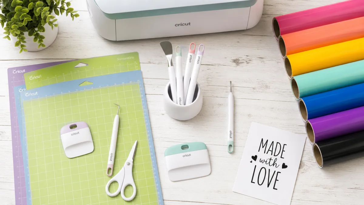 a flat lay of Cricut crafting tools and colorful vinyl rolls on…