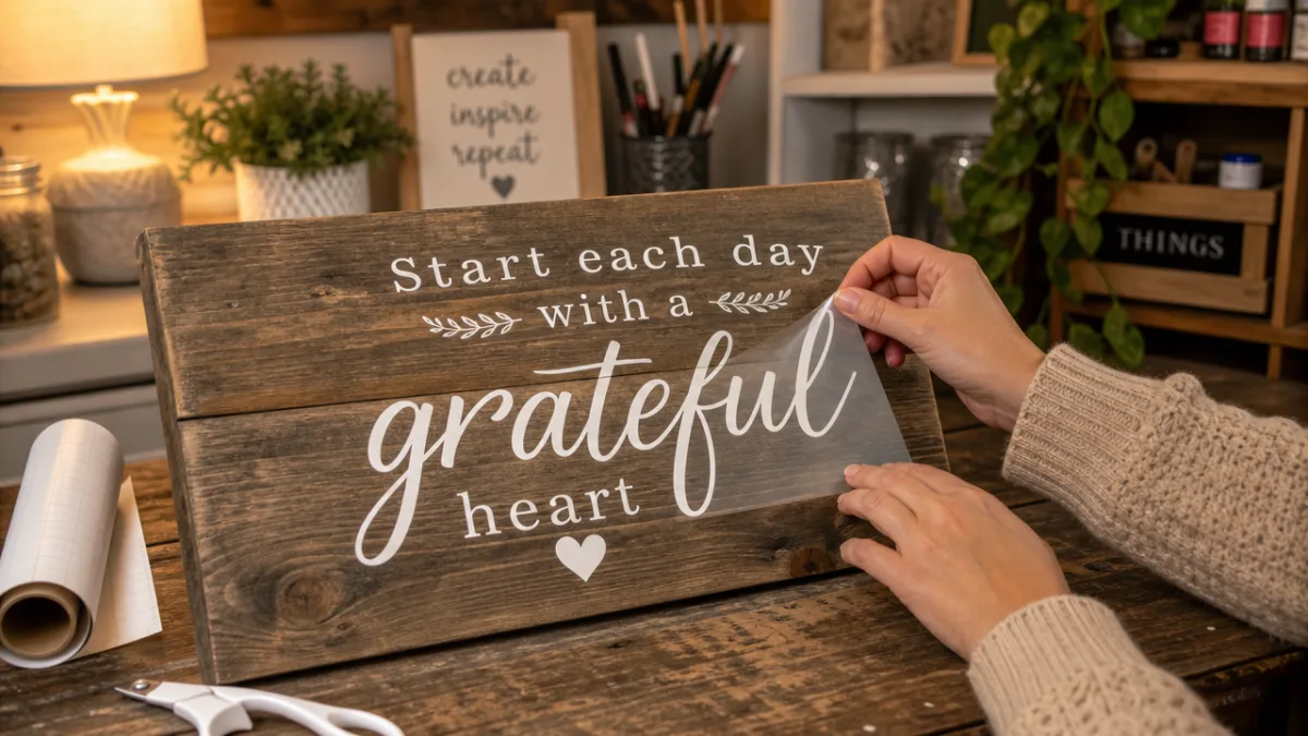 hands applying vinyl lettering to a rustic wooden sign in a cozy…