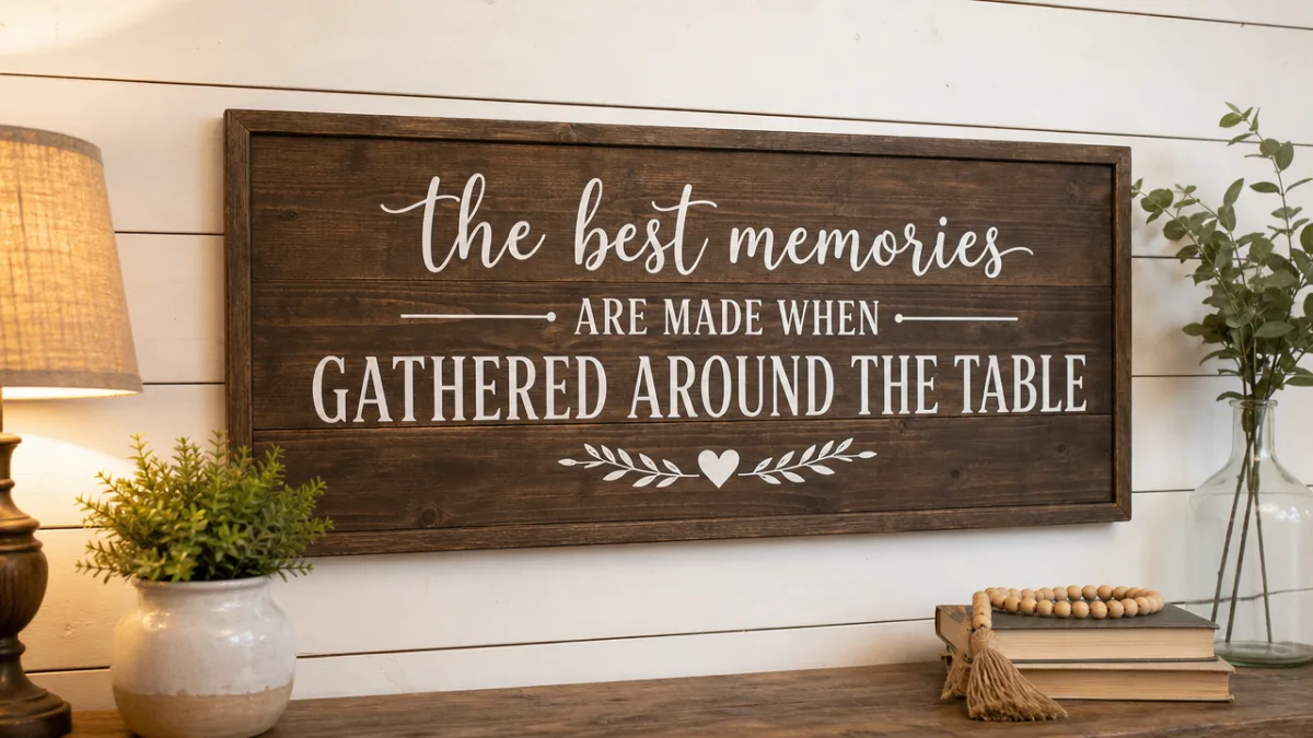 a finished farmhouse wooden sign with white vinyl lettering displayed on a…