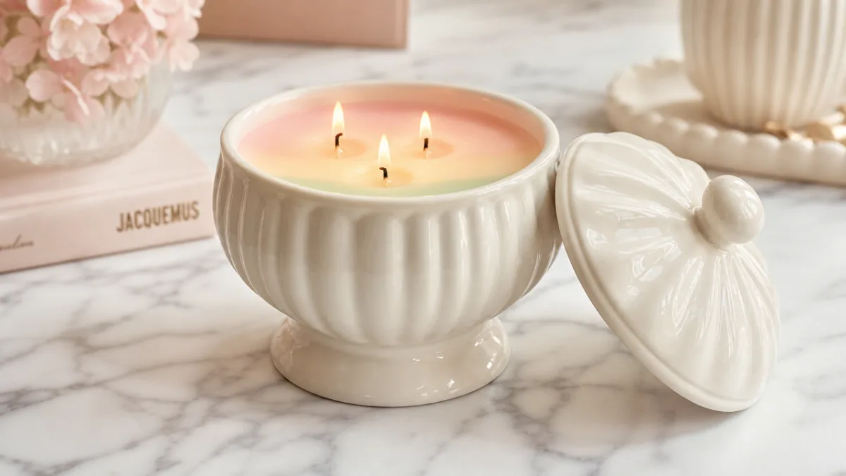 a pastel rainbow scented candle in a sugar bowl vessel on a…