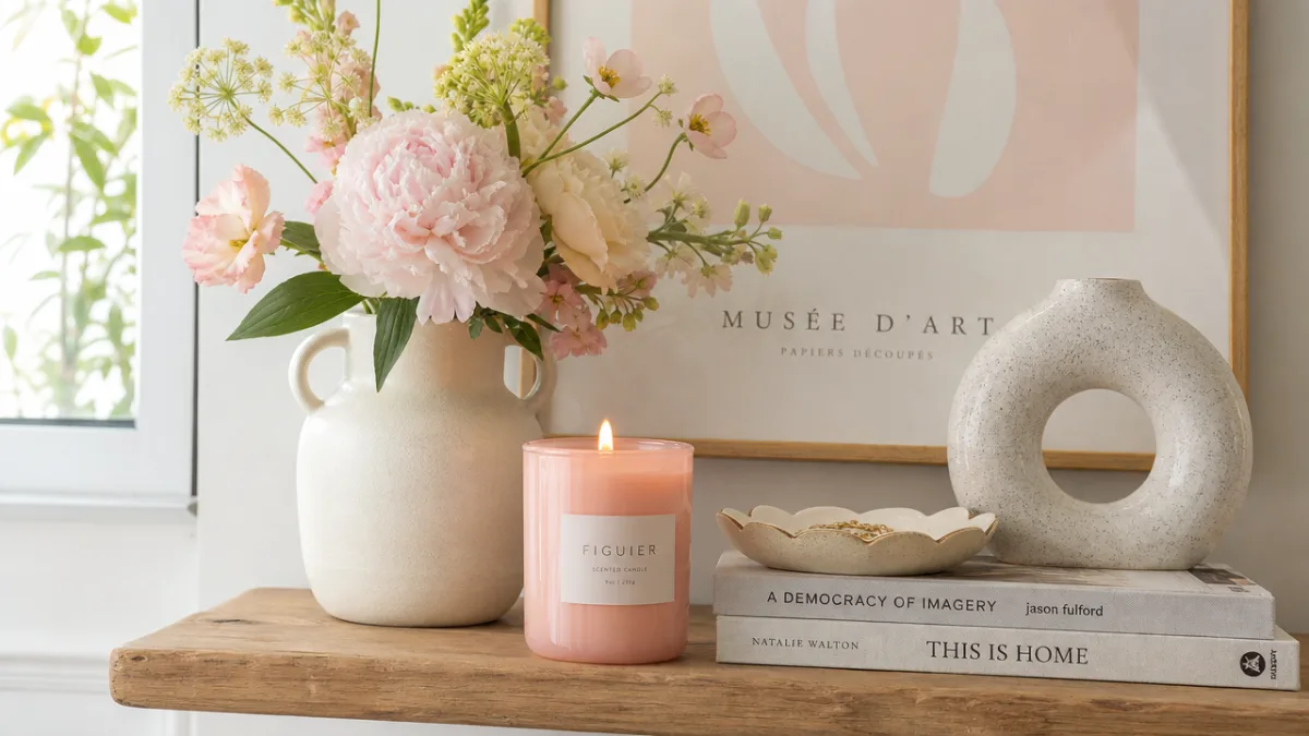 a styled home décor vignette with pastel candle, fresh flowers, and ceramic…