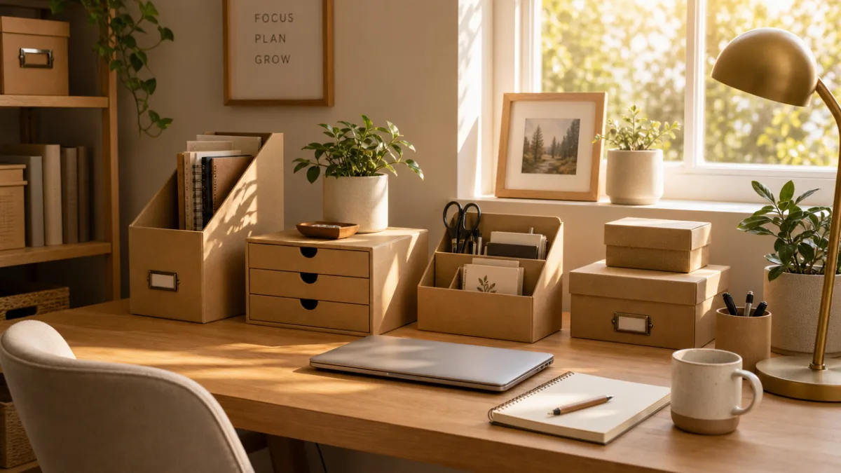 a tidy home office desk with neatly arranged cardboard organizers wrapped in…