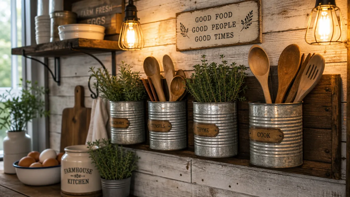 a rustic farmhouse kitchen wall with mounted tin can organizers holding wooden…