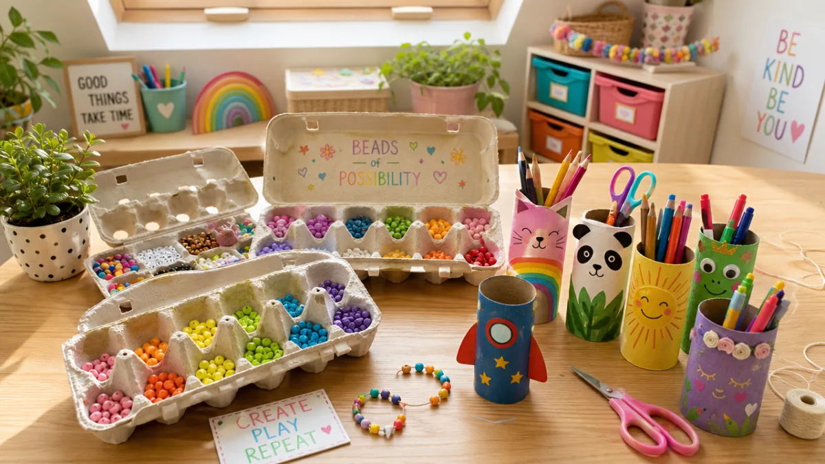 a cheerful craft room table with egg carton bead organizers and decorated…