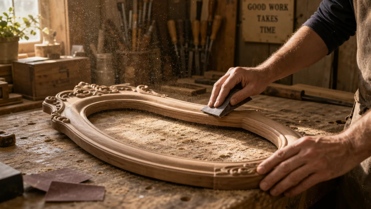 a wooden mirror frame being sanded on a workbench, warm workshop lighting…