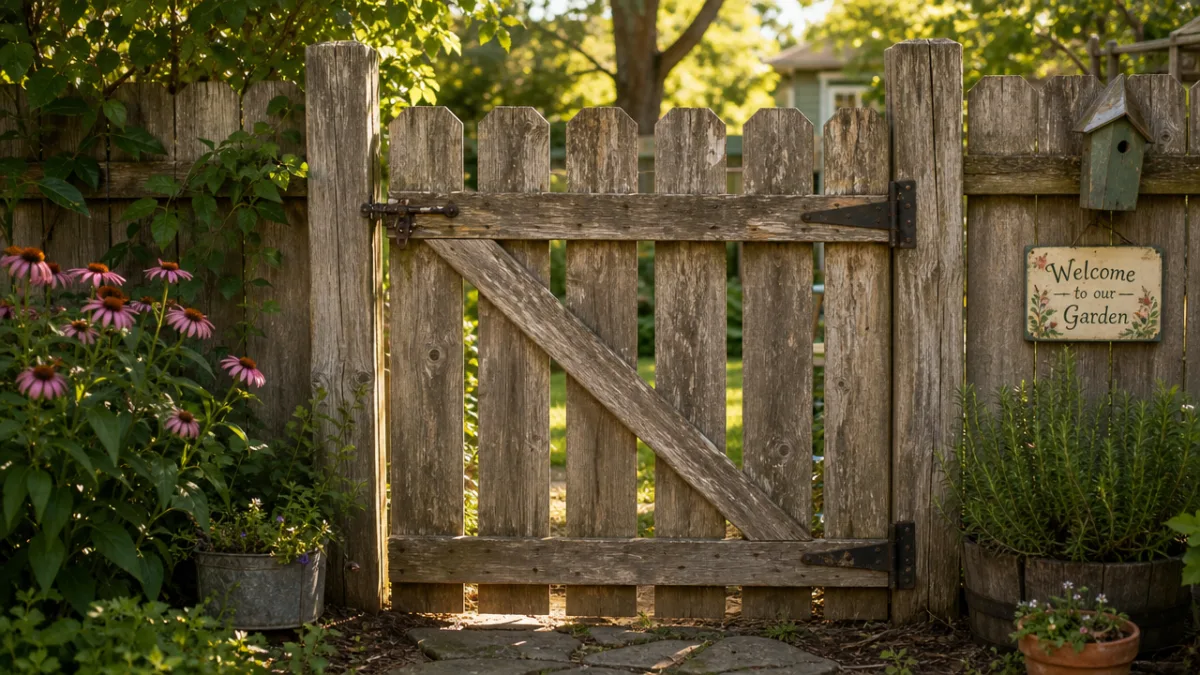 a weathered wooden fence gate with a diagonal brace in a backyard…