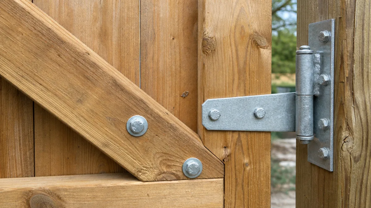 close-up of wooden gate brace joint with carriage bolts and galvanized hardware,…