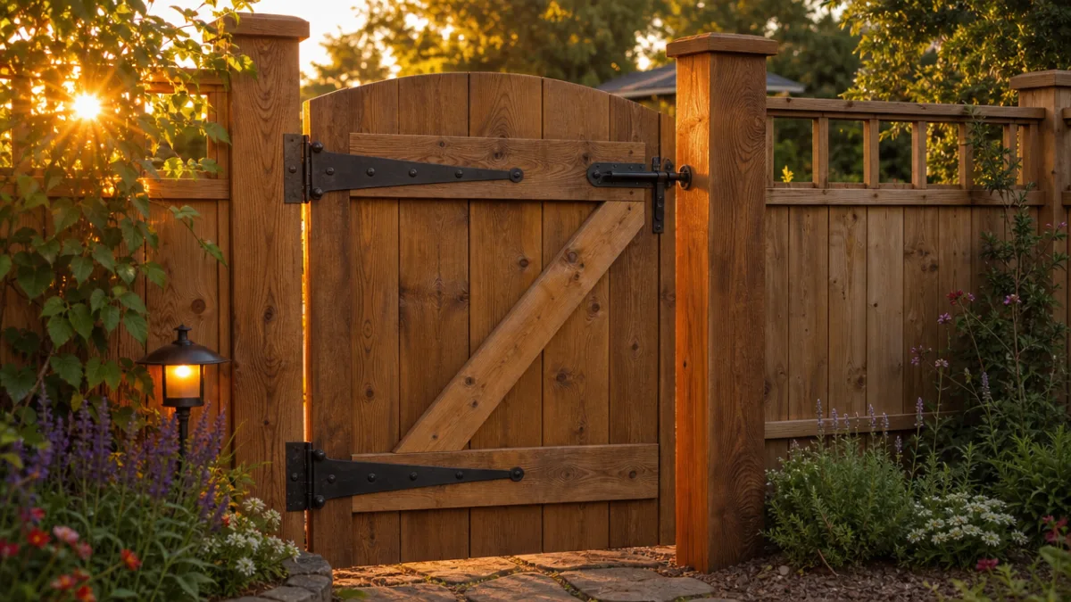 a sturdy wooden fence gate with heavy strap hinges on a cedar…