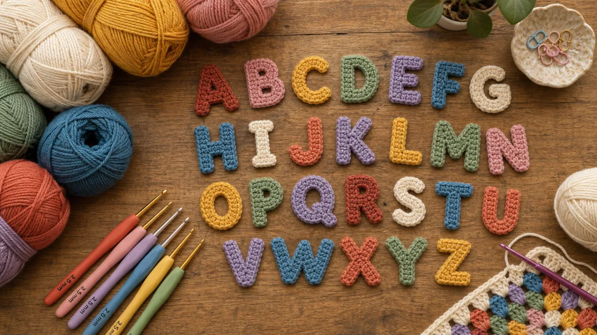 a flat lay of colorful yarn skeins, crochet hooks, and alphabet letter…