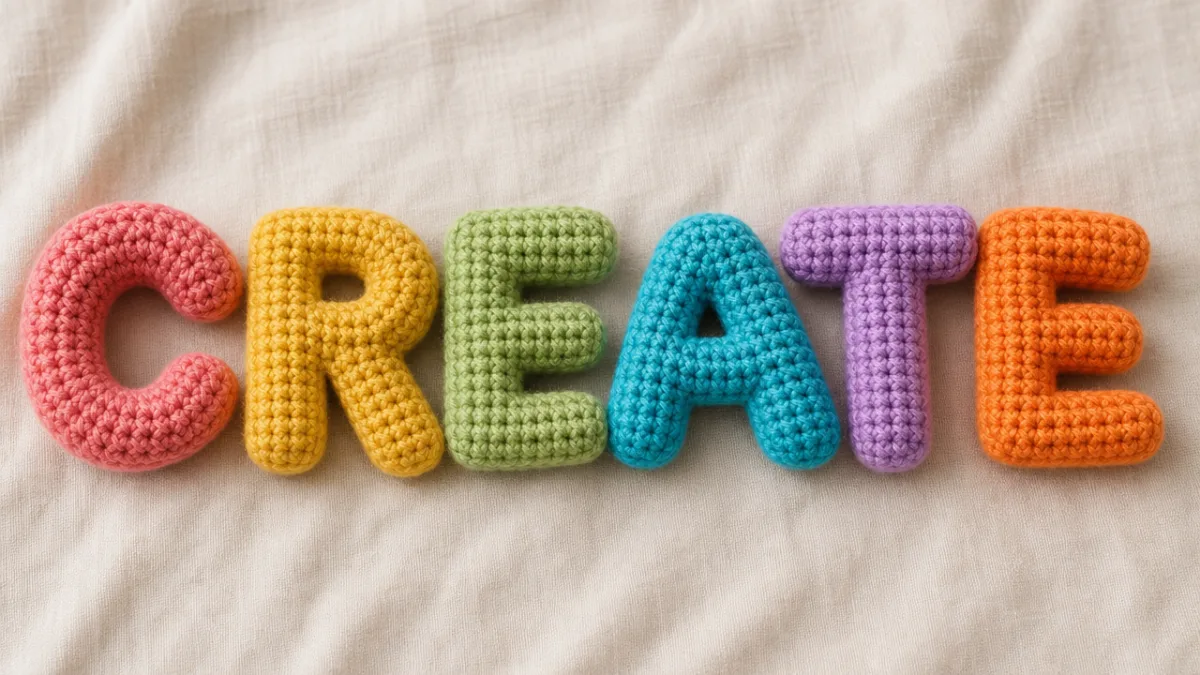 close-up of colorful crocheted alphabet letters arranged to spell a word on…