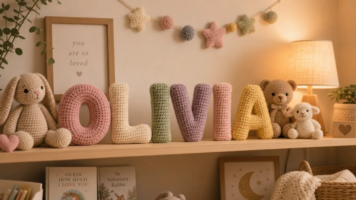 a cozy nursery shelf with crocheted name letters spelling a baby name,…