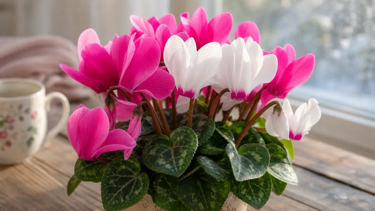 a close-up of vivid pink and white cyclamen flowers on a wooden…
