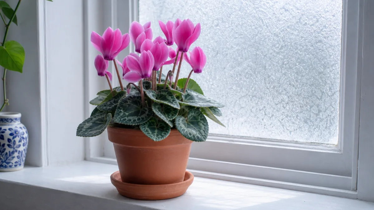 a cyclamen plant in a terracotta pot on a bright windowsill, cool…