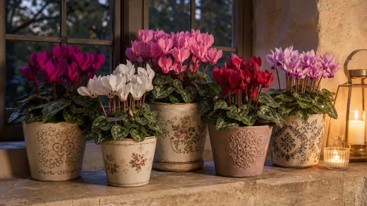 an arrangement of mixed cyclamen plants in decorative pots grouped on a…