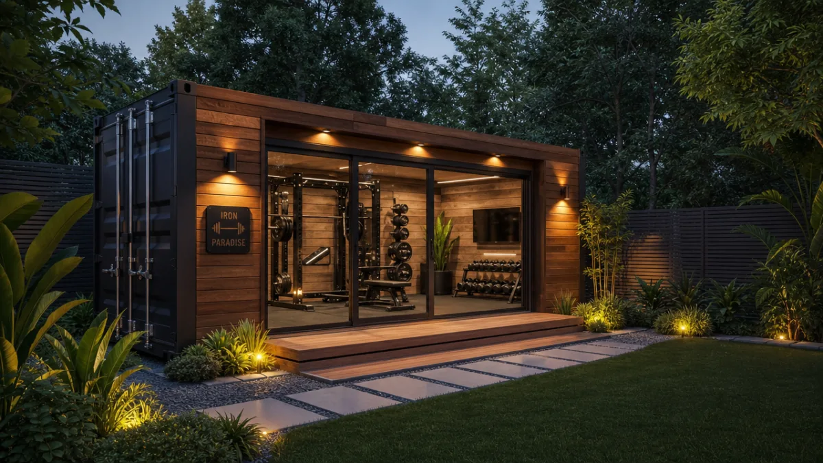 a modern backyard shipping container gym exterior with cedar cladding, warm evening…