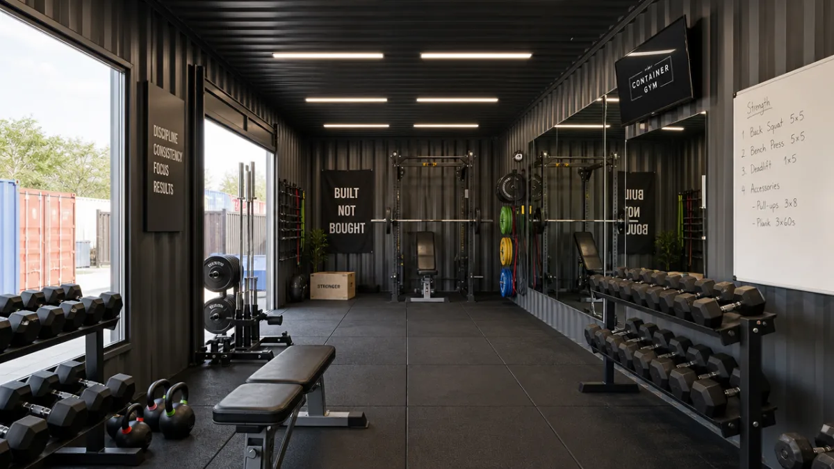 a bright industrial container gym interior with rubber flooring, wall mirrors, and…
