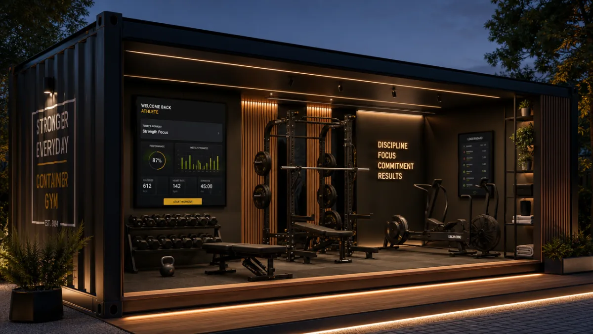 a sleek container gym with smart technology integration, wall-mounted displays, and ambient…