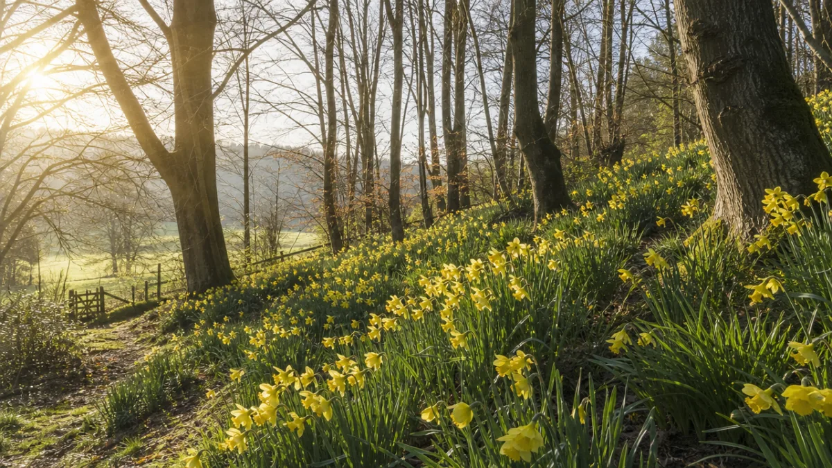 a sun-dappled woodland edge with drifts of yellow daffodils on a gently…