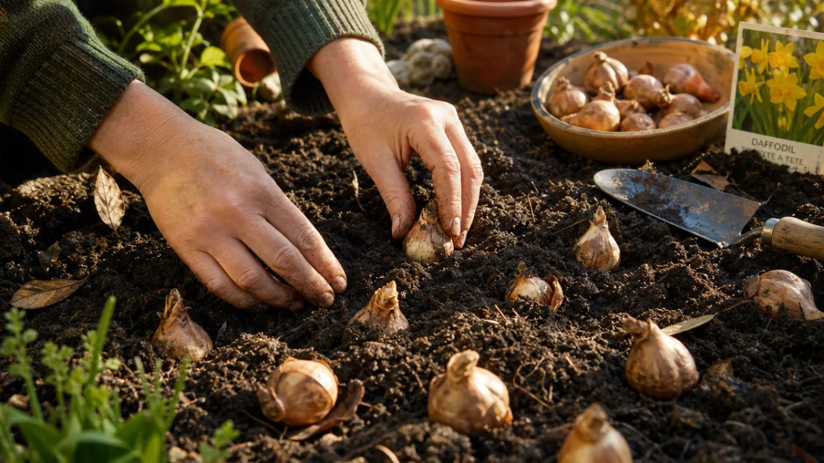 hands pressing daffodil bulbs into rich dark soil in an informal scattered…