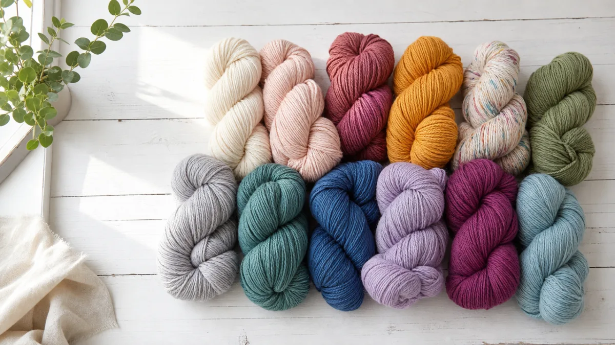 a flat lay of colorful yarn skeins arranged on a white wooden…