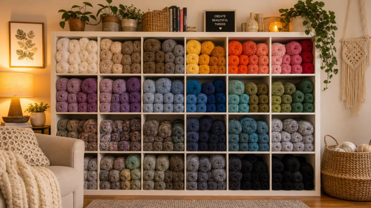 neatly organized yarn stash on white open shelving arranged by color, warm…